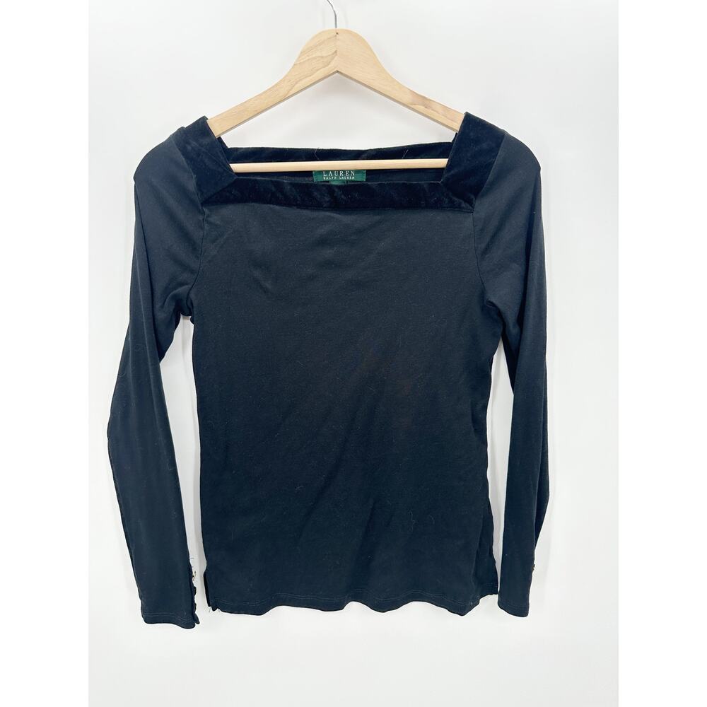 Lauren Ralph Lauren Women Black Velvet Trim‎ Long Sleeve Shirt Square Neckline M